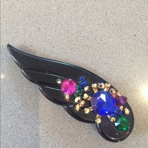 Black brooch, wing shape with beads & fake jewels